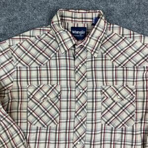 Wrangler Western Shirt Mens XL Beige Red Plaid Pearl‎ Snap Long Sleeve